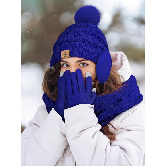Women Blue Knit Beanie Hat, Gloves, Scarf & Ear Warmer Set - Winter - Picture 6 of 6